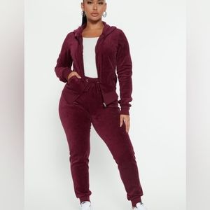 Fashion Nova Burgundy Velour Jumpsuit